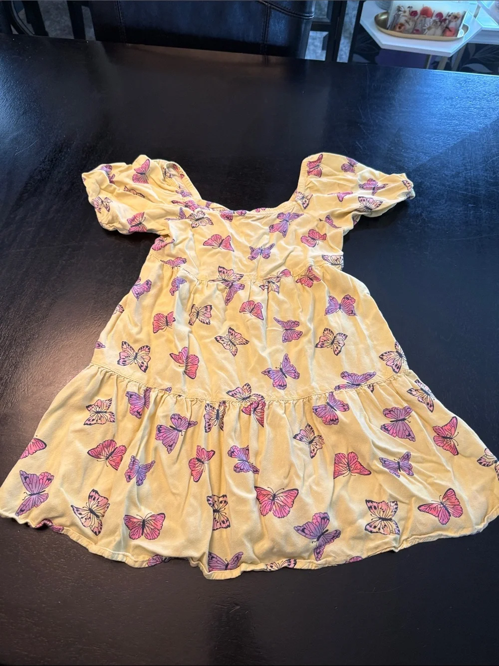 SO Yellow Dress with Pink and Purple Butterfly Print